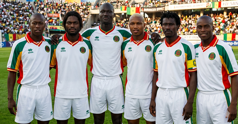 Six Lions of Teranga players stand side-by-side in white, green, and red national football kits.